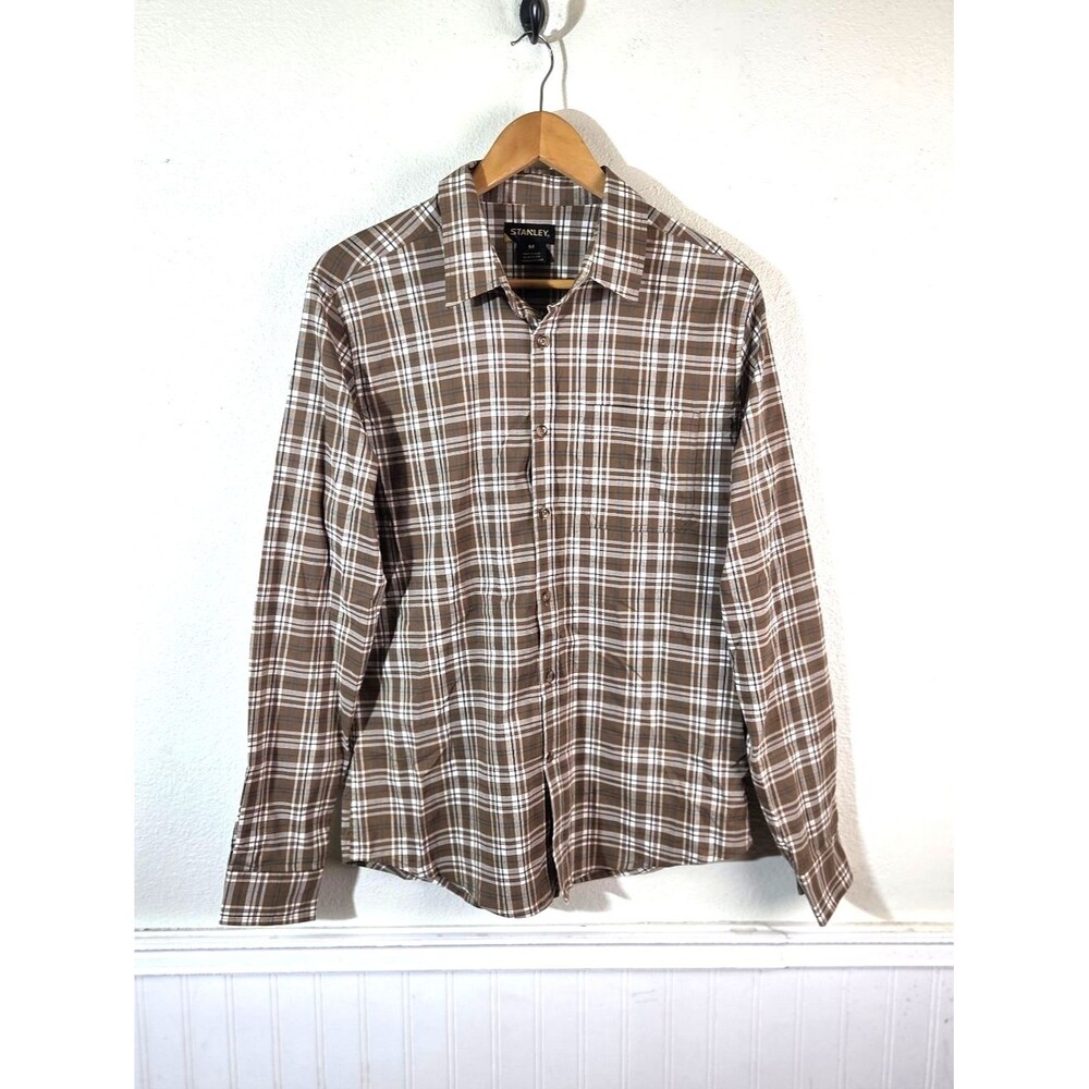 Stanley Men’s Medium Brown Plaid Button Up Shirt Cotton Blend Stretch